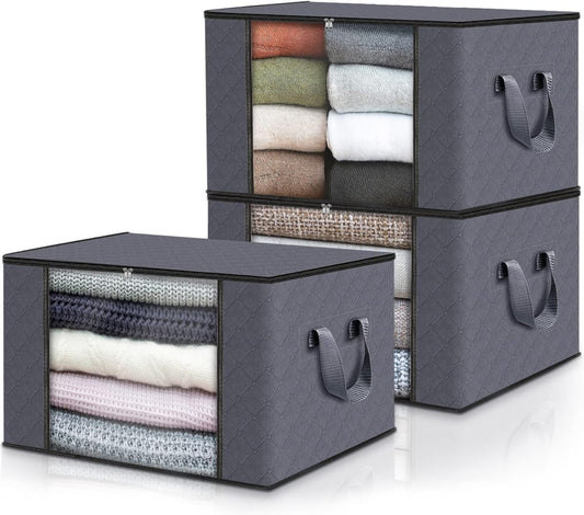 Wardrobe Boxes, (3 Units), Underbed Storage Boxes, Space Saving, Fabric, Foldable, Seasonal Change Clothes Boxes (Dark Grey, Pack of 3)