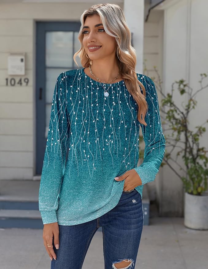 Tops for Women Dressy Crewneck Long Sleeve Shirts Lightweight Basic Tee Business Casual Outfits