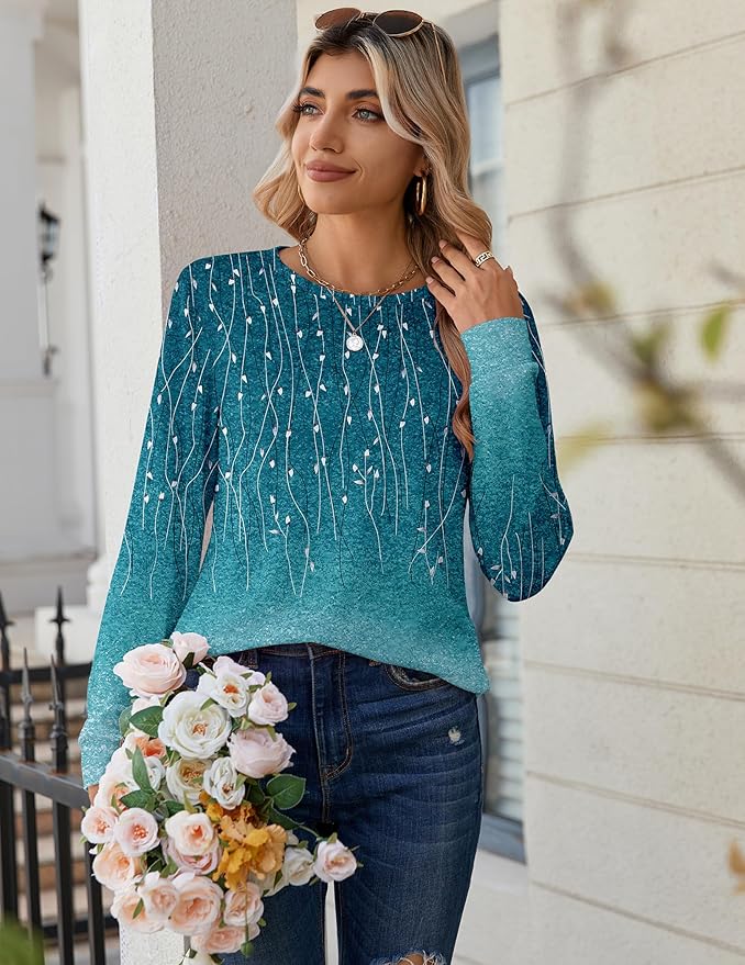 Tops for Women Dressy Crewneck Long Sleeve Shirts Lightweight Basic Tee Business Casual Outfits