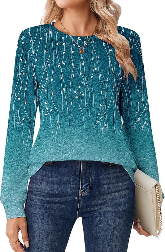 Tops for Women Dressy Crewneck Long Sleeve Shirts Lightweight Basic Tee Business Casual Outfits