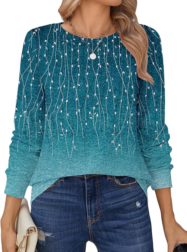 Tops for Women Dressy Crewneck Long Sleeve Shirts Lightweight Basic Tee Business Casual Outfits