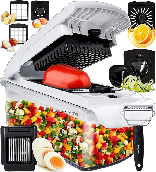 Vegetable Cutter Manual Vegetable Spiralizer – Multifunction Manual Vegetable Slicer Slicer Vegetable Cutter Fruit Onion Potato Julienne Cubes (9-in-1 White)