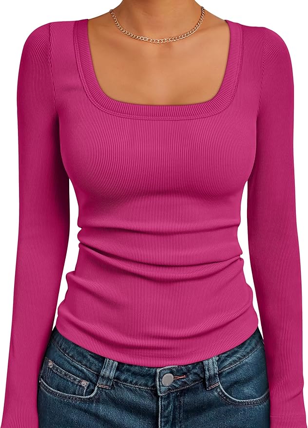 Womens Long Sleeve Shirts Square Neck Tops Ribbed Knit Basic Teen Girls Crop Tops Fall Outfits Fashion Clothes 2025
