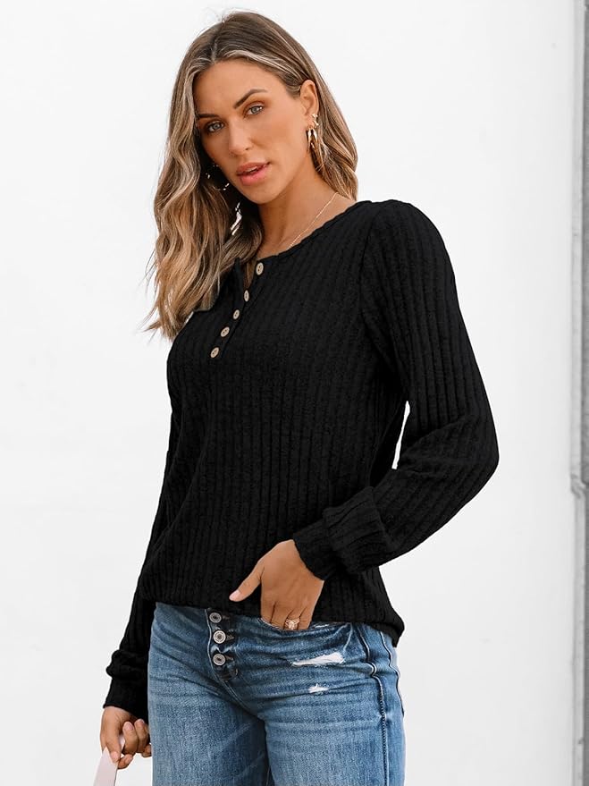 Long Sleeve Henley Shirts Women's Business Casual Lightweight Tunic Sweater Tops