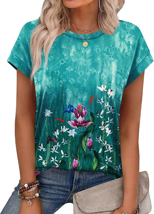 Womens Summer Tops Short Sleeve Shirts Crew Neck Cute Trendy Tunic Blouses (S-3XL)
