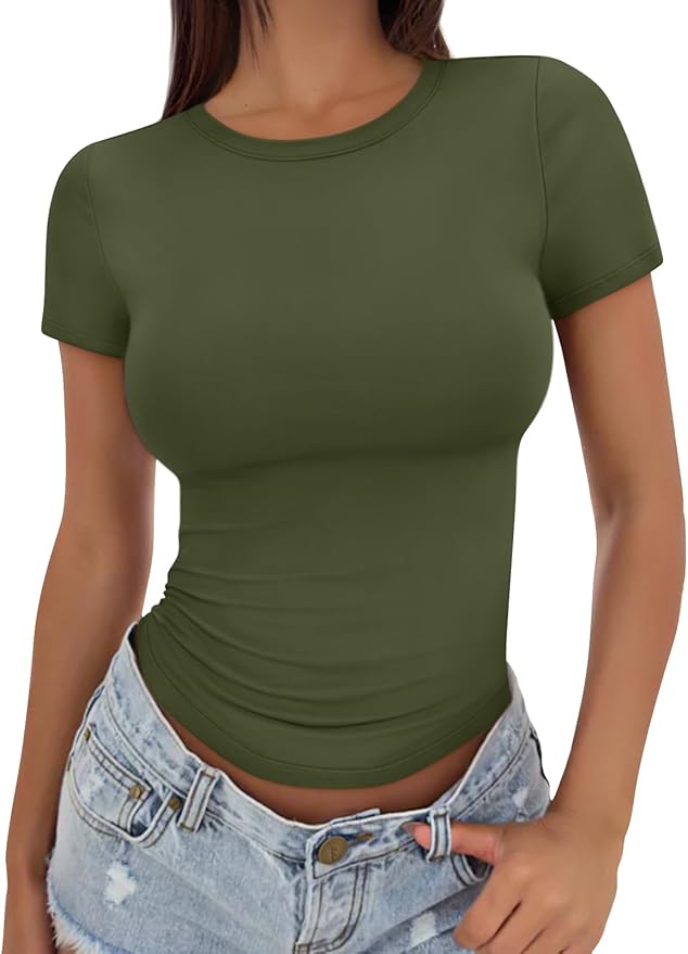 Womens Basic T Shirts Summer Tops 2025 Crop Short Sleeve Slim Fit Tee Cute Gym Workout Clothes