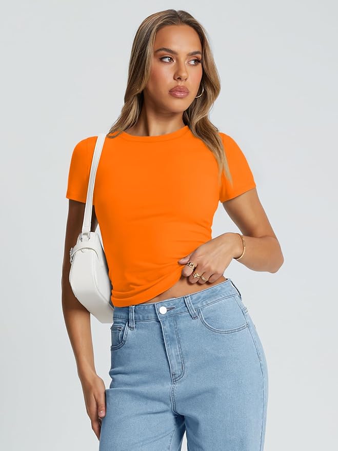 Womens Basic T Shirts Summer Tops 2025 Crop Short Sleeve Slim Fit Tee Cute Gym Workout Clothes